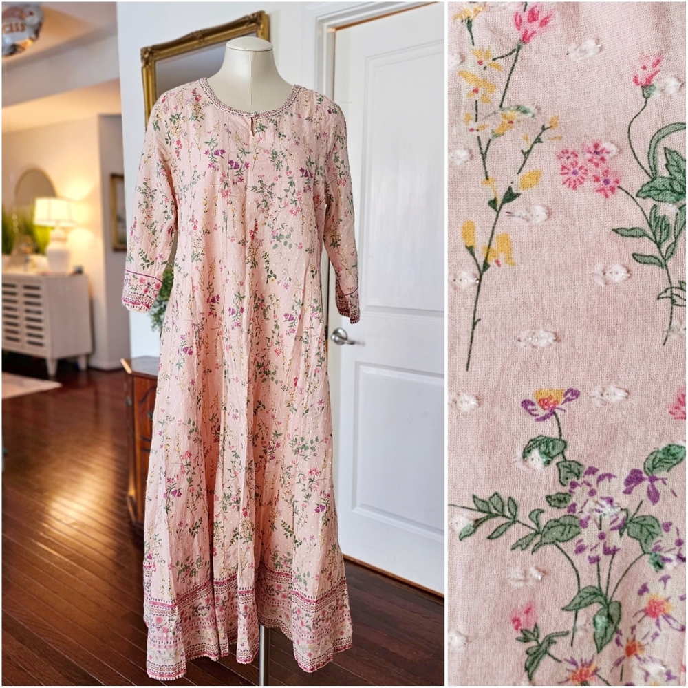 🌸 Avaasa Floral Clip Dot Cotton Midi Dress Cottagecore Boho Prairie Pink Sz XL